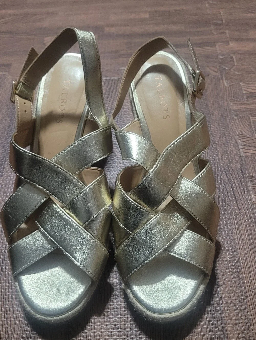 Talbots Gold Espardrille Wedge Strappy Sandals Size 8.5M Slingback